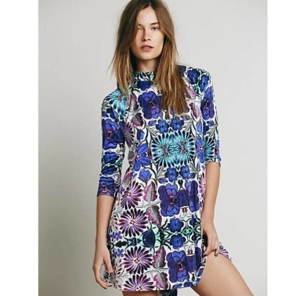 Free People New Romantics Fiesta Trapeze Mini Dress M Purple Floral Stretch - Picture 8 of 14
